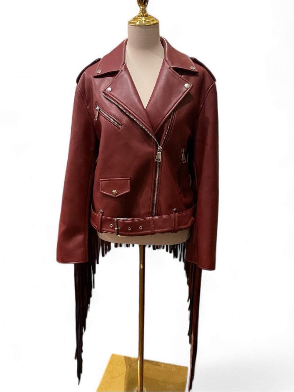 Nasty Gal Fringed Burgundy Leather Moto Jacket